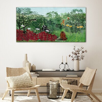 Schilderij op glas Tropisch landschap met apen