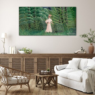 Foto op glas Vrouw in het groene bos