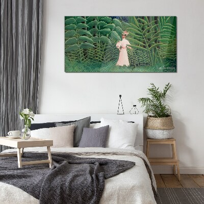 Foto op glas Vrouw in het groene bos