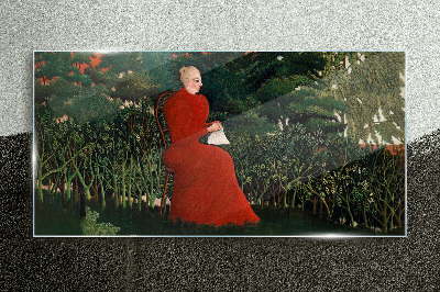 Schilderij op glas Rode jas in de tuin