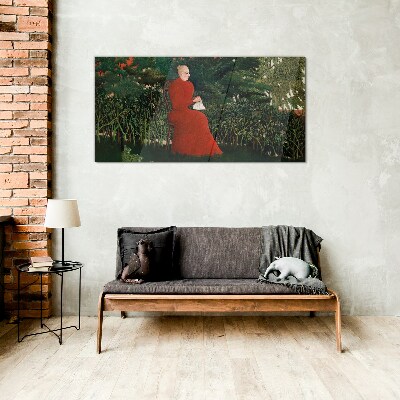 Schilderij op glas Rode jas in de tuin