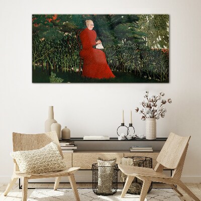 Schilderij op glas Rode jas in de tuin