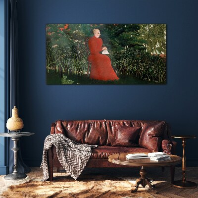 Schilderij op glas Rode jas in de tuin