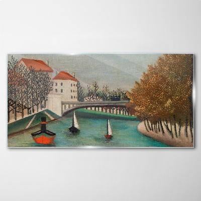 Schilderij op glas Een vredig landschap met boten