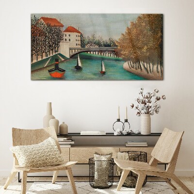 Schilderij op glas Een vredig landschap met boten