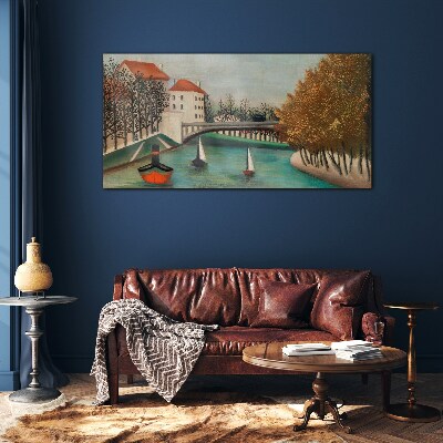 Schilderij op glas Een vredig landschap met boten