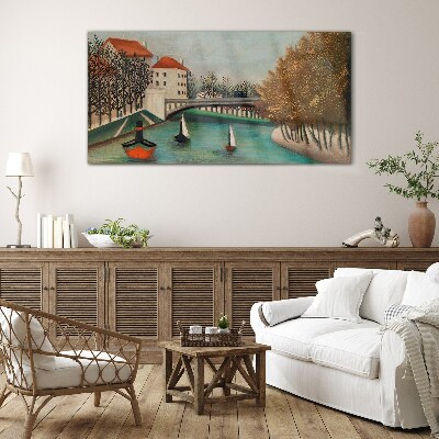 Schilderij op glas Een vredig landschap met boten