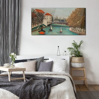 Schilderij op glas Een vredig landschap met boten