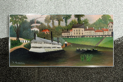 Glas foto Een rustige haven met een stoomboot