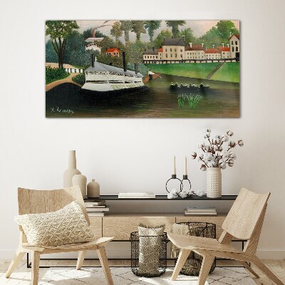 Glas foto Een rustige haven met een stoomboot