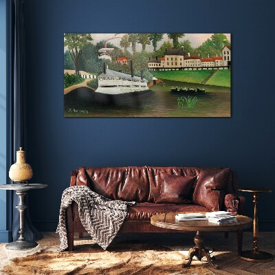 Glas foto Een rustige haven met een stoomboot