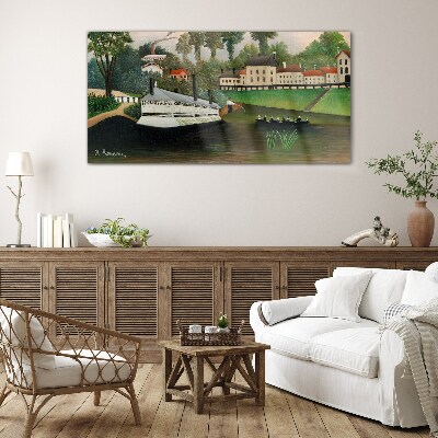 Glas foto Een rustige haven met een stoomboot