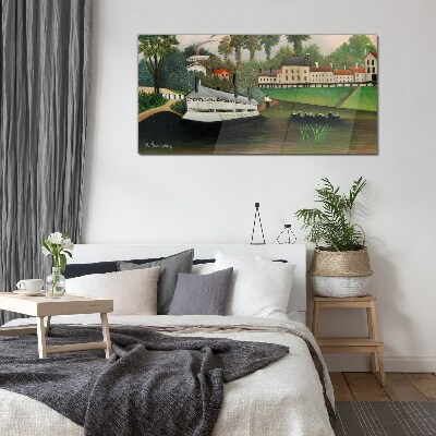 Glas foto Een rustige haven met een stoomboot