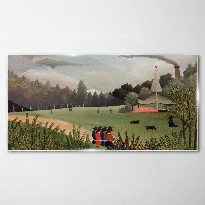 Schilderij op glas Groen landschap met figuren