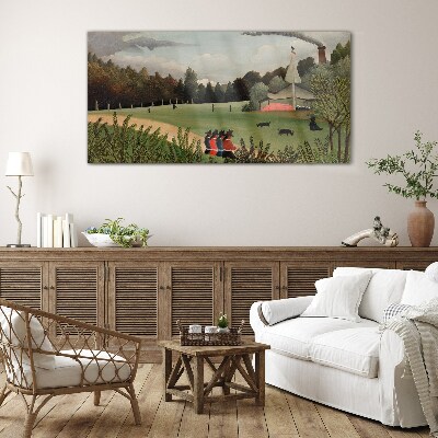 Schilderij op glas Groen landschap met figuren