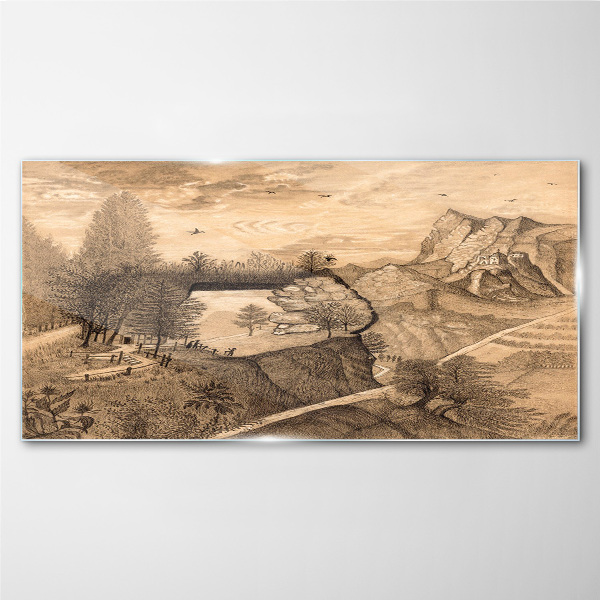 Foto op glas Landschap met een brug en bomen