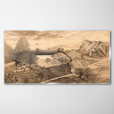 Foto op glas Landschap met een brug en bomen