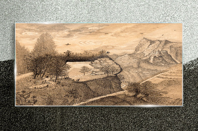 Foto op glas Landschap met een brug en bomen