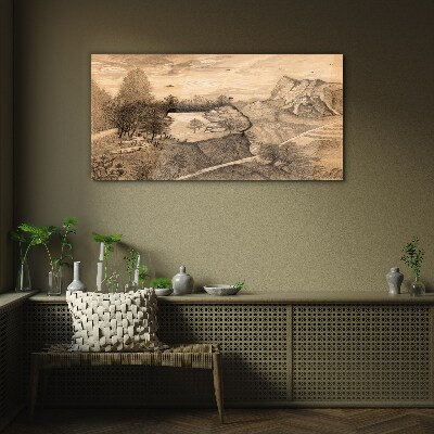 Foto op glas Landschap met een brug en bomen