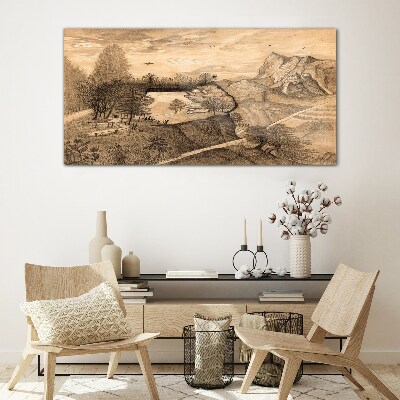 Foto op glas Landschap met een brug en bomen