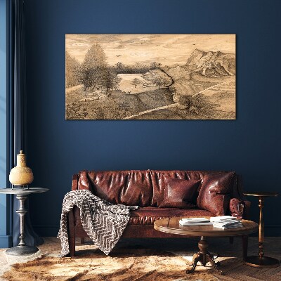 Foto op glas Landschap met een brug en bomen