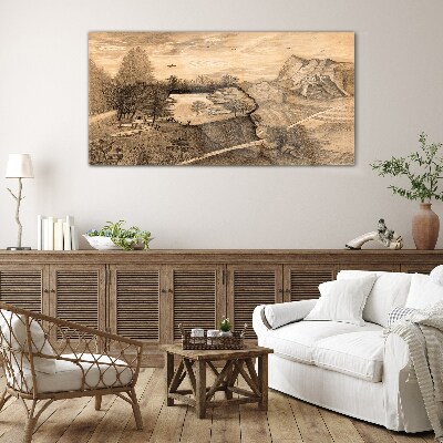 Foto op glas Landschap met een brug en bomen