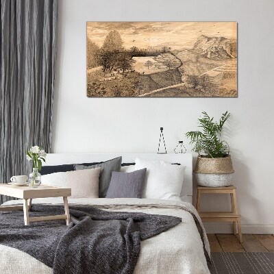 Foto op glas Landschap met een brug en bomen