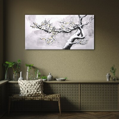 Glas foto Een bloeiende tak in monochrome tinten