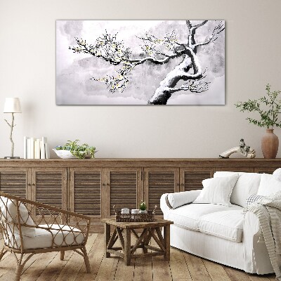 Glas foto Een bloeiende tak in monochrome tinten