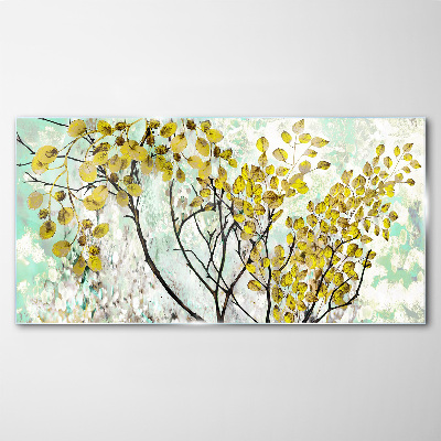 Foto op glas Lentebladeren tegen een blauwe achtergrond