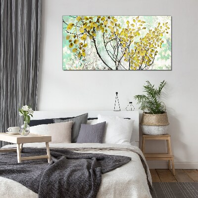 Foto op glas Lentebladeren tegen een blauwe achtergrond