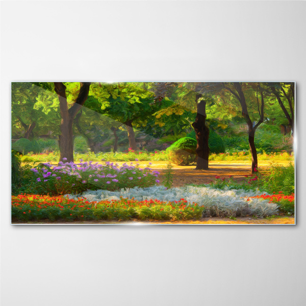 Schilderij op glas Een bloemenparadijs in een zonnige tuin