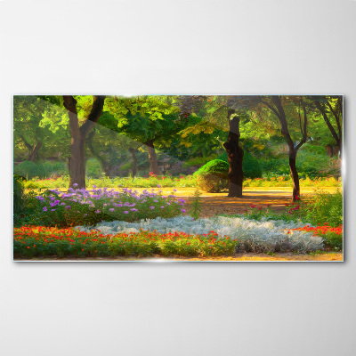 Schilderij op glas Een bloemenparadijs in een zonnige tuin