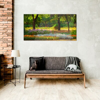 Schilderij op glas Een bloemenparadijs in een zonnige tuin