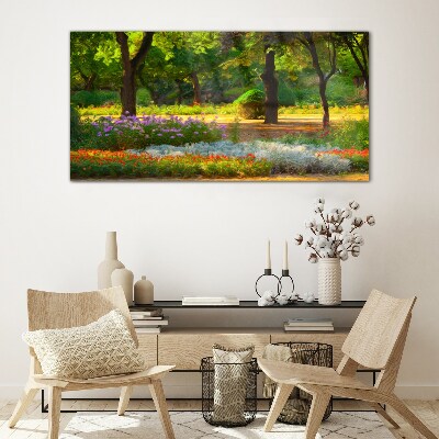 Schilderij op glas Een bloemenparadijs in een zonnige tuin