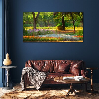 Schilderij op glas Een bloemenparadijs in een zonnige tuin