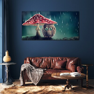 Foto op glas Een uil onder een paddenstoel in de regen