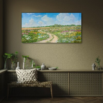 Foto op glas Een bloemenpad tussen de weilanden