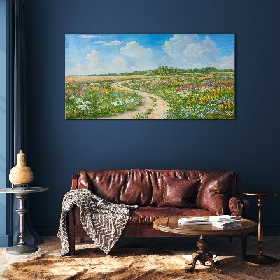 Foto op glas Een bloemenpad tussen de weilanden