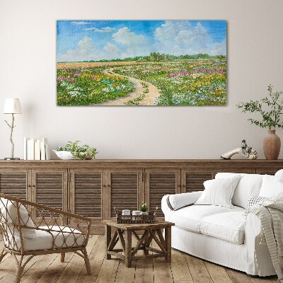 Foto op glas Een bloemenpad tussen de weilanden