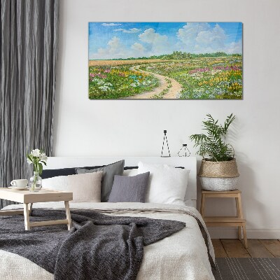 Foto op glas Een bloemenpad tussen de weilanden