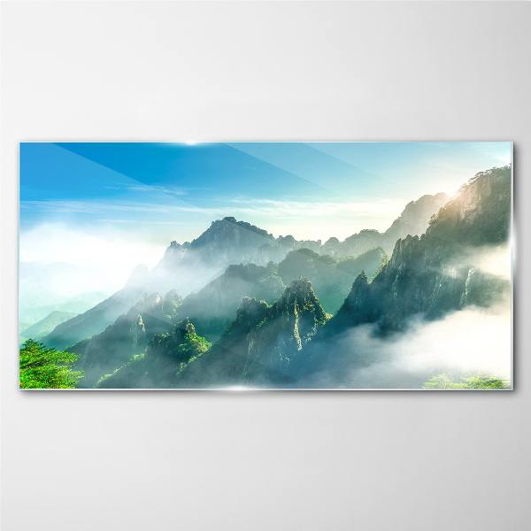 Schilderij op glas Berglandschap op een mistige ochtend