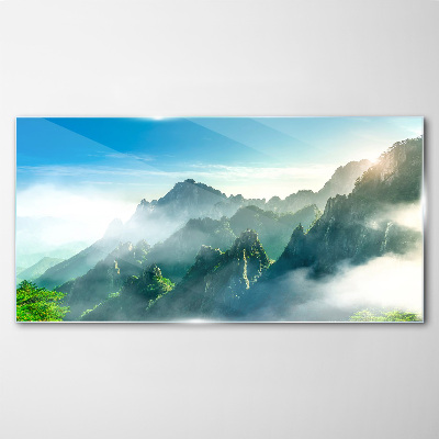 Schilderij op glas Berglandschap op een mistige ochtend