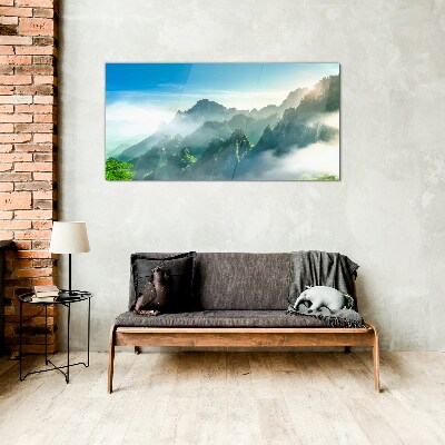 Schilderij op glas Berglandschap op een mistige ochtend