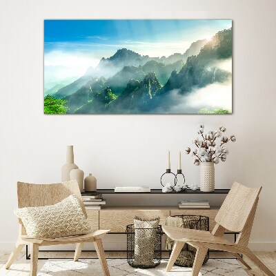 Schilderij op glas Berglandschap op een mistige ochtend