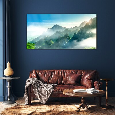 Schilderij op glas Berglandschap op een mistige ochtend