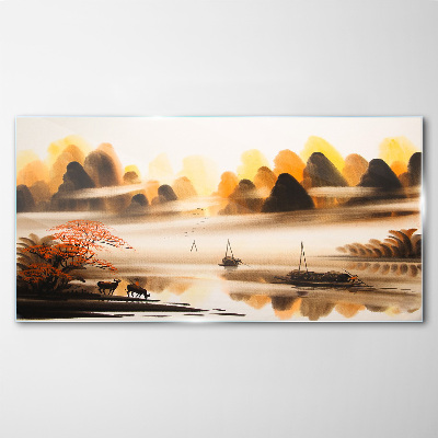 Glas foto Een vredig landschap met bergen en water