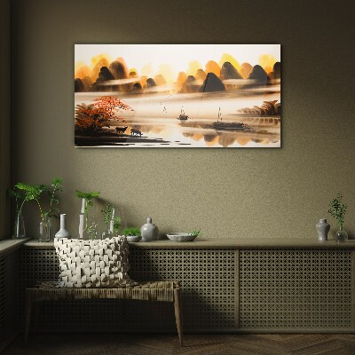 Glas foto Een vredig landschap met bergen en water