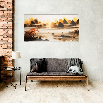 Glas foto Een vredig landschap met bergen en water