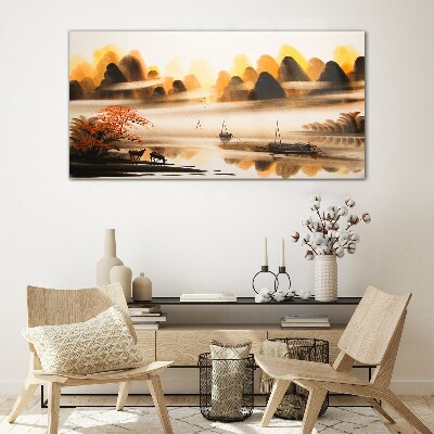 Glas foto Een vredig landschap met bergen en water